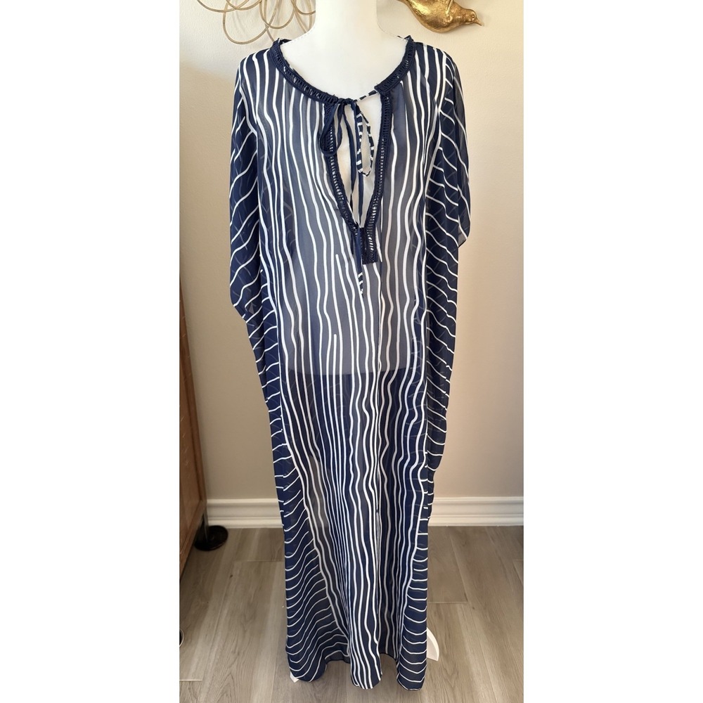 Navy White Striped Sheer Kaftan Swim Cover Up Maxi Beach Dress Tie Neck OS